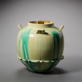 Chinese Sui Dynasty Celadon Four-Handled Lotus Vase with Painted Decoration