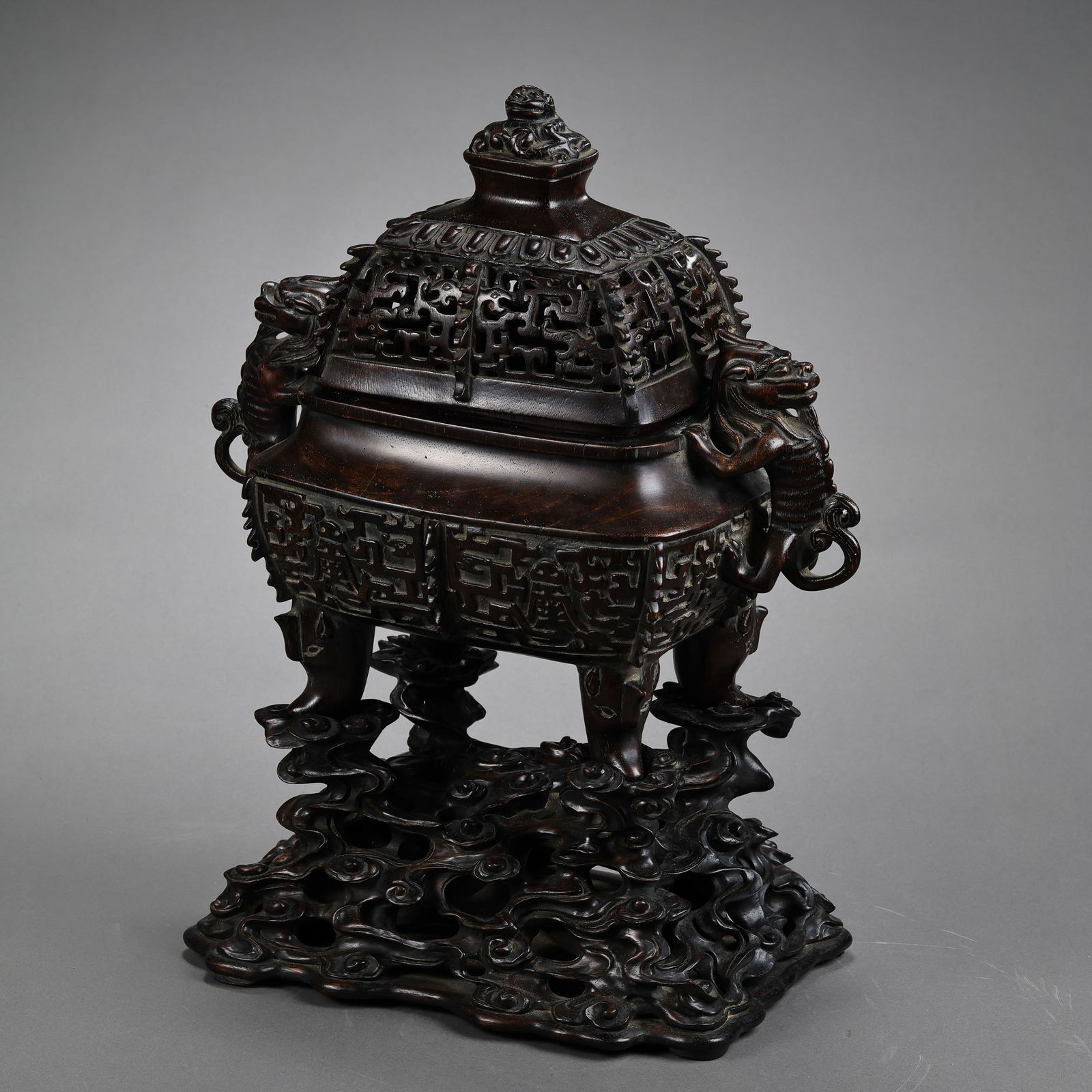 Chinese Qing Dynasty Rosewood Carved Square Covered Incense Burner with Double Ears: H. 36 cm. W. 27 cm.