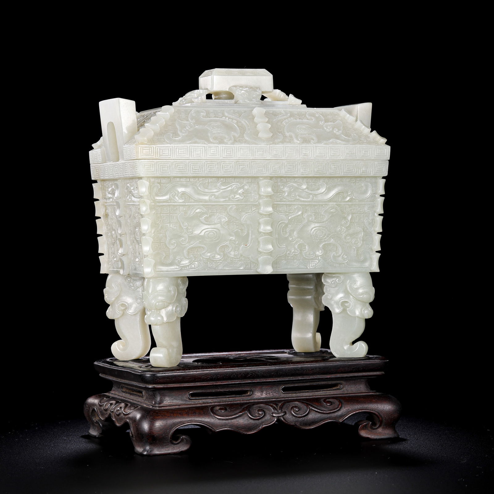Chinese Qing Dynasty Hetian white jade square covered incense burner (1 of 19)