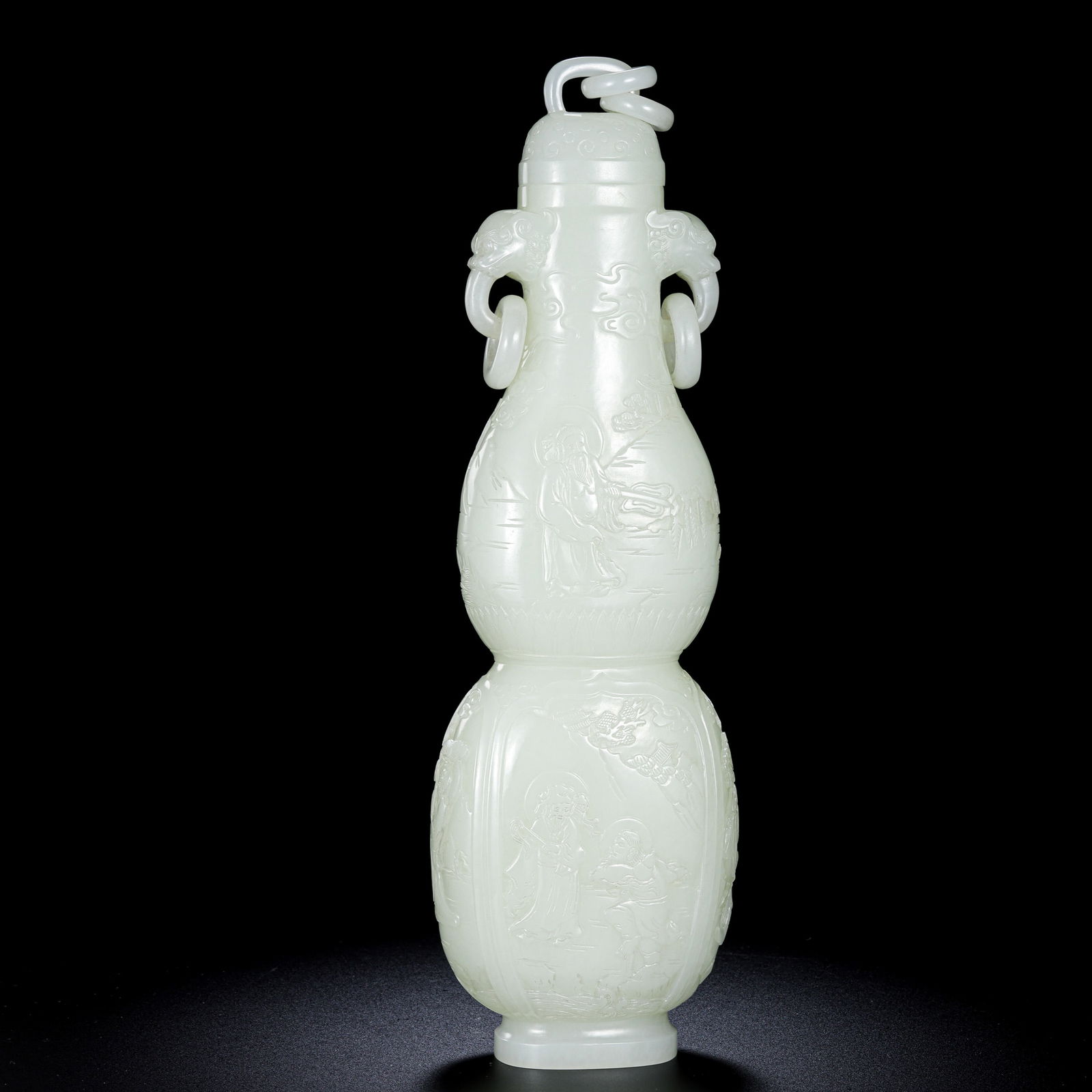 Chinese Qing Dynasty Hetian white jade gourd-shaped vase with double ring handles (1 of 15)