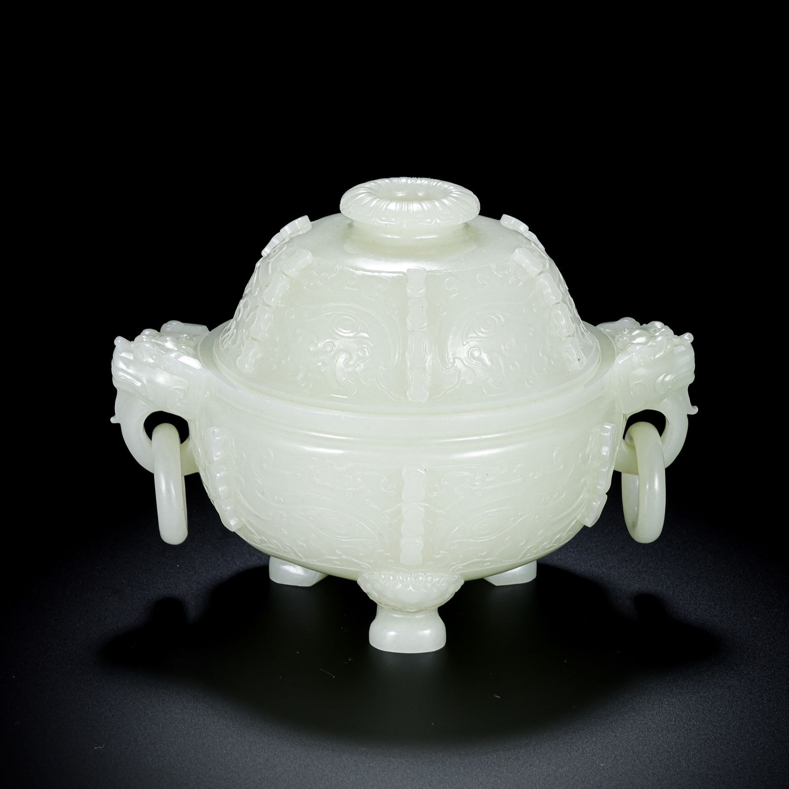 Chinese Qing Dynasty Hetian white jade double-ring handle censer (1 of 16)