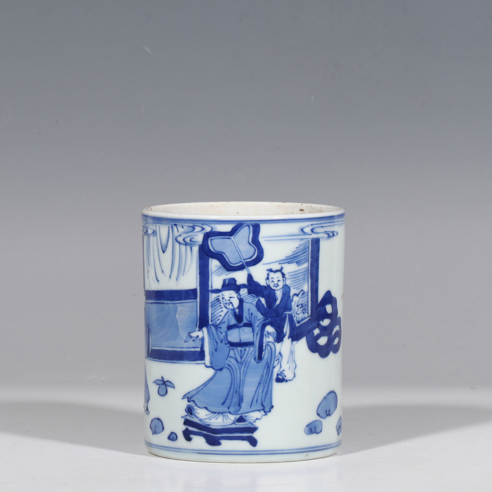 Chinese Qing Dynasty Blue and White Porcelain Brush Pot with Figure and Story Design (1 of 9)