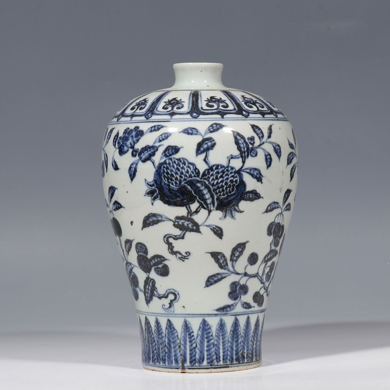 Chinese Yuan Dynasty blue and white plum vase: H. 27 cm. W. 13 cm.