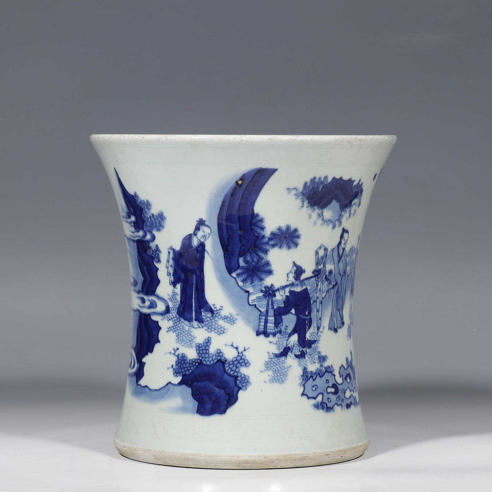 Chinese Qing Dynasty Blue and White Porcelain Brush Pot with Figure and Story Design (1 of 9)