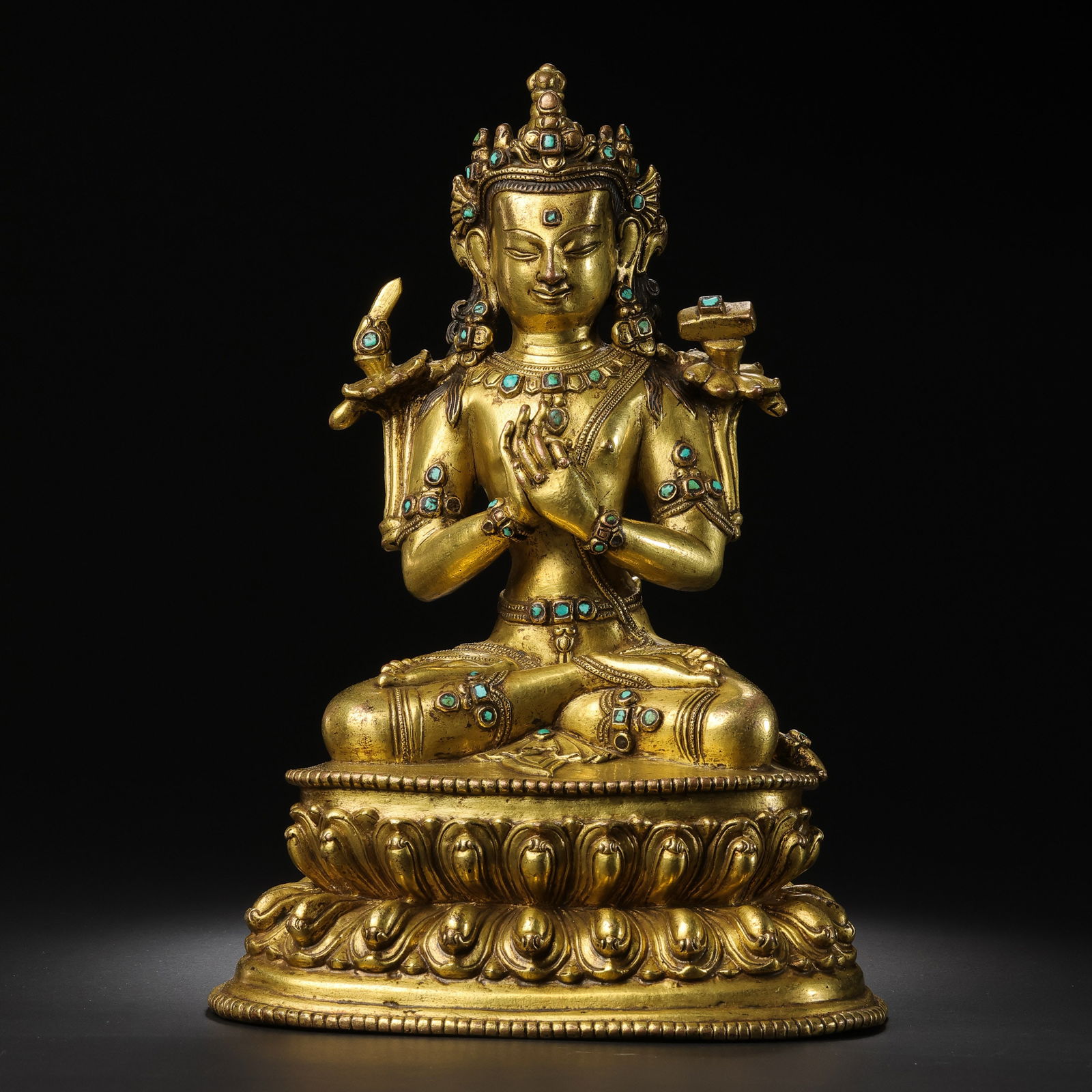 Chinese Ming Dynasty Gilt Bronze Seated Buddha Statue Inlaid with Turquoise (1 of 10)