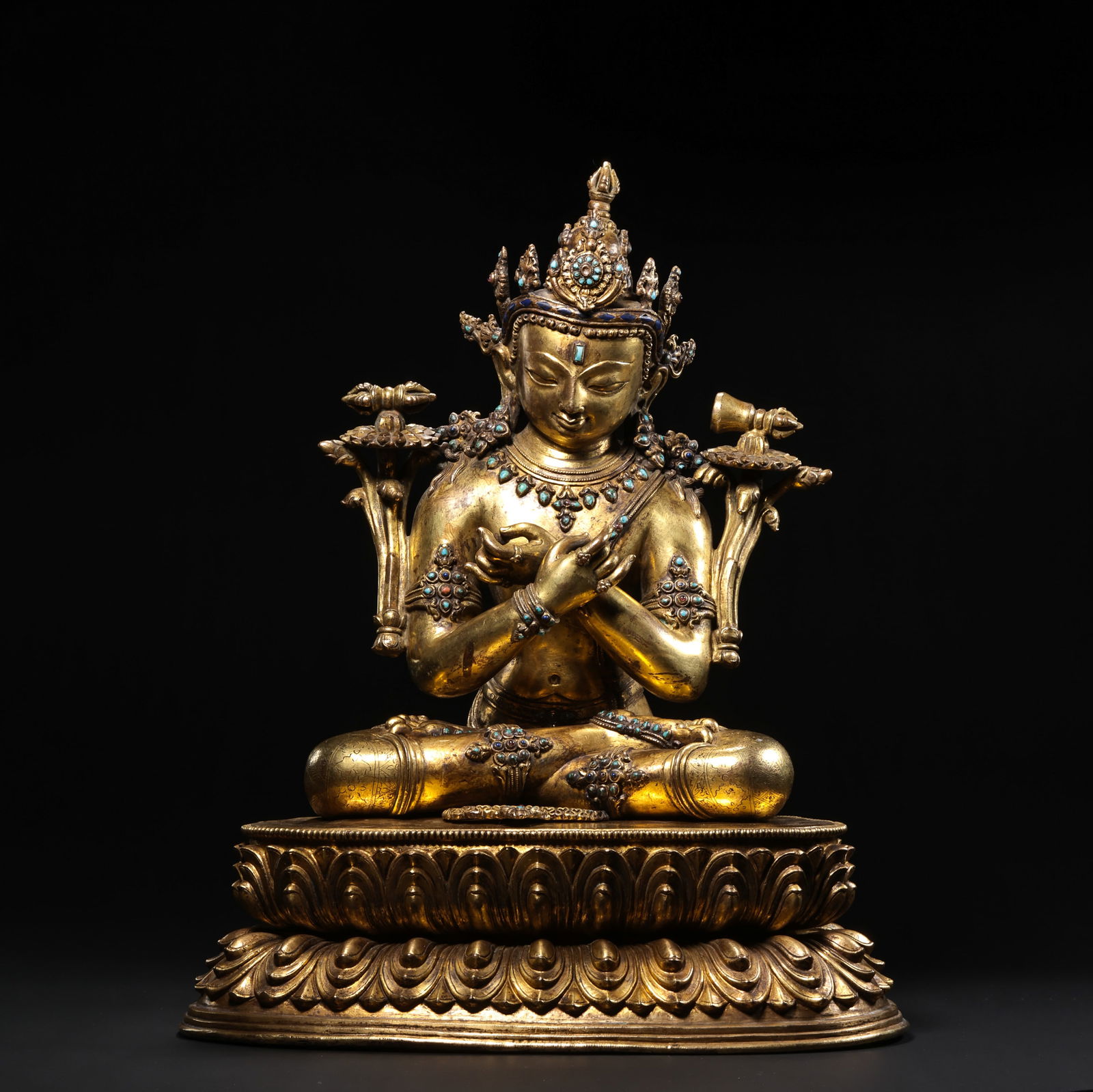 Chinese Ming Dynasty Gilt Bronze Seated Buddha Statue Inlaid with Turquoise (1 of 9)