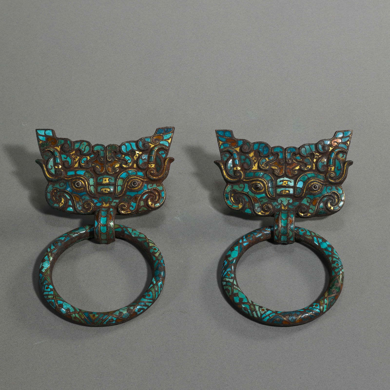 A pair of Chinese Warring States period gold and silver inlaid door knockers (1 of 14)