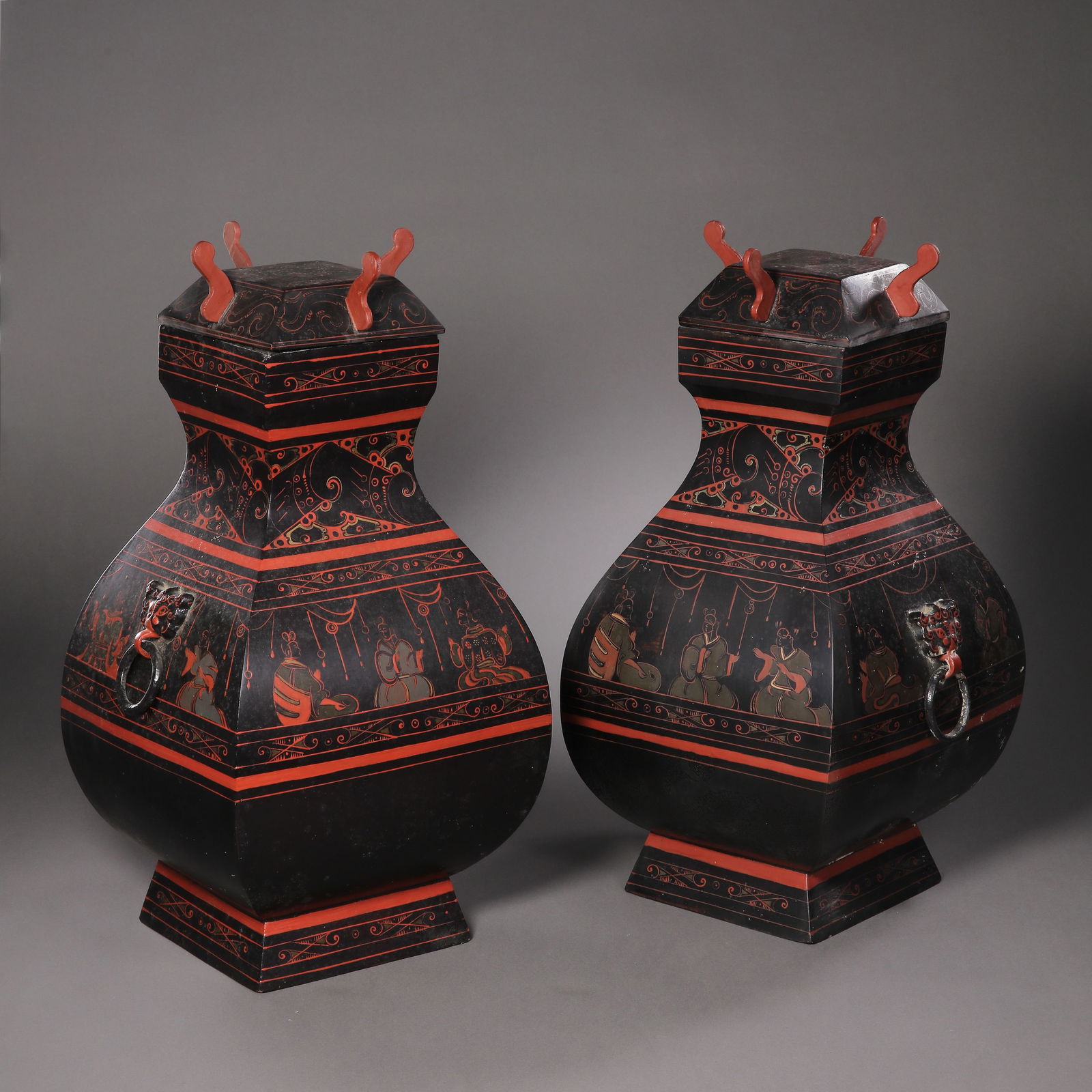 A pair of Chinese Han Dynasty wooden painted square covered bottles (1 of 14)