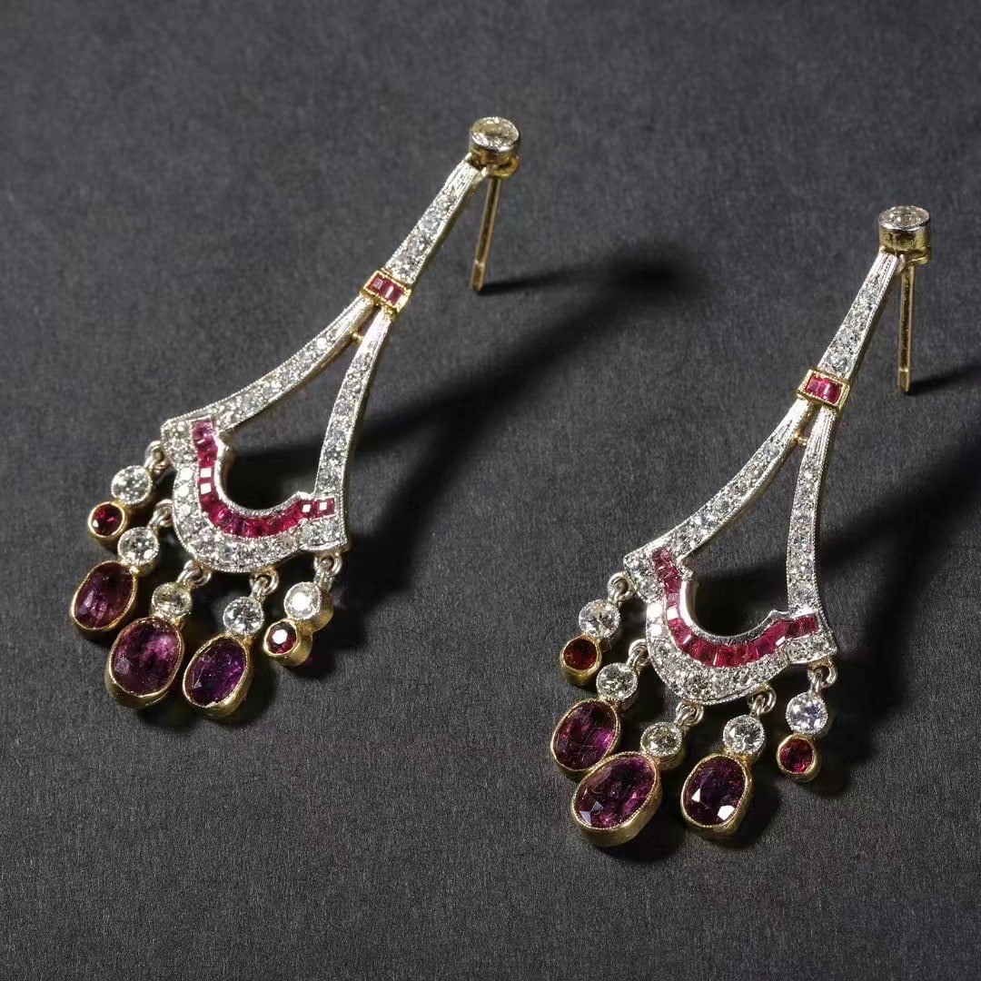Art Deco period (1925-1935) 18K gold Italian diamond and ruby stud earrings (1 of 7)