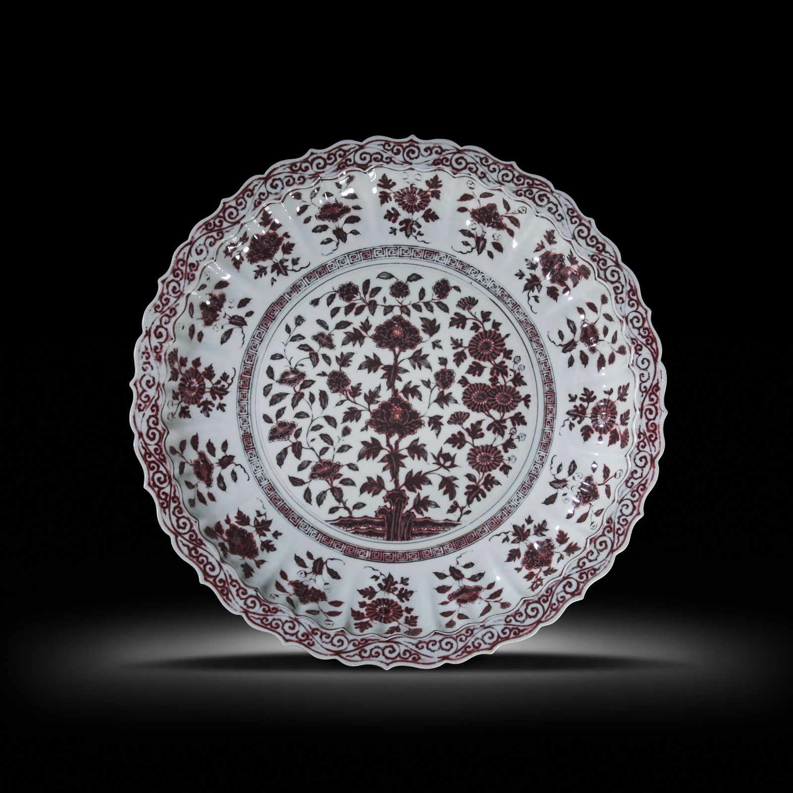 Large underglaze red lobed plate from the Yuan Dynasty in China (1 of 10)