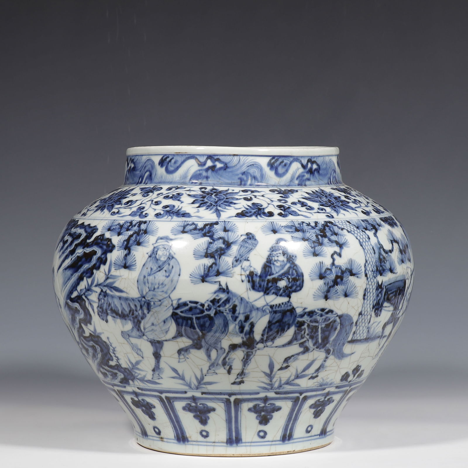 Chinese Yuan Dynasty blue and white porcelain jar with figure and story design (1 of 9)