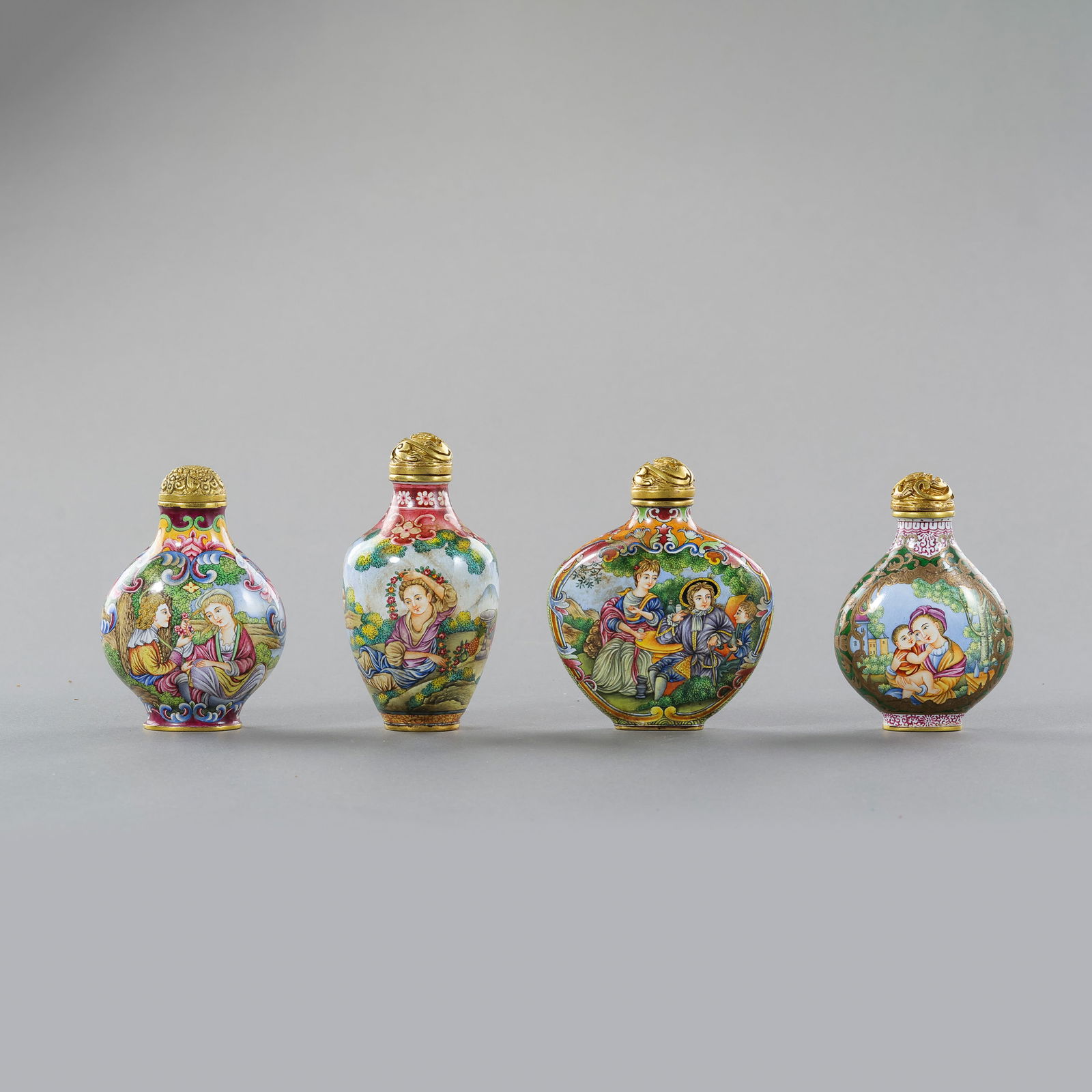 A set of Chinese enamel snuff bottles from the Qianlong period of the Qing Dynasty (1 of 17)