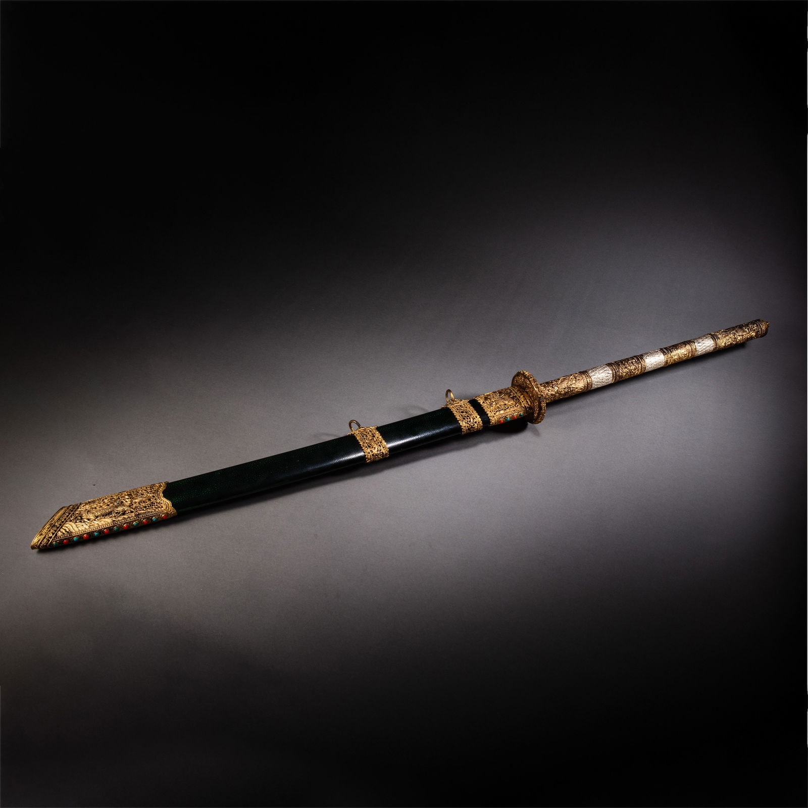 Chinese Ming Dynasty Gilt Bronze Knife Inlaid with Gemstones (1 of 12)