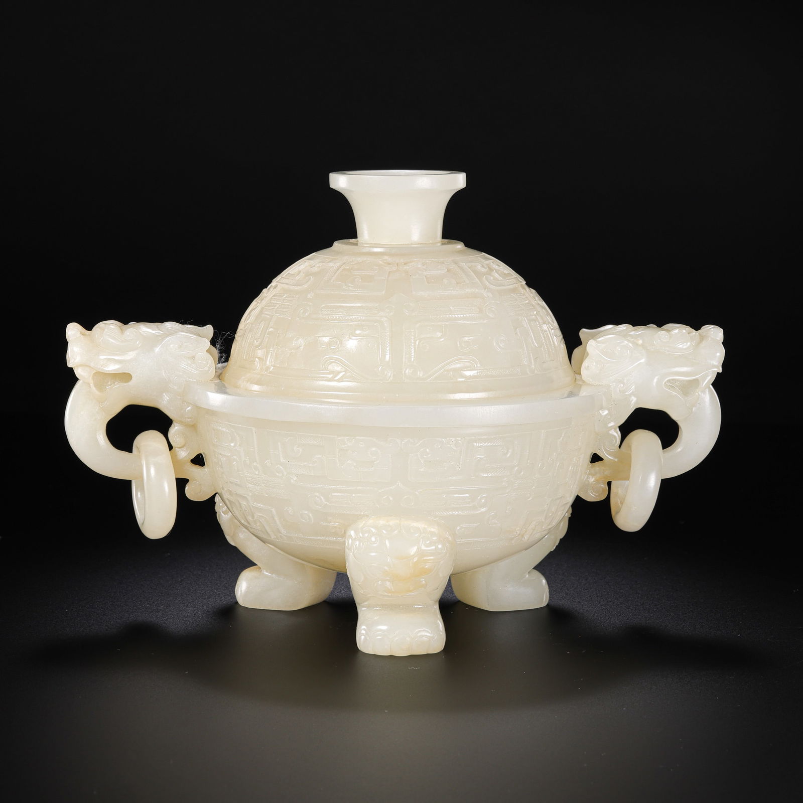 Chinese Qing Dynasty Hetian white jade tripod censer with double ring handles (1 of 17)