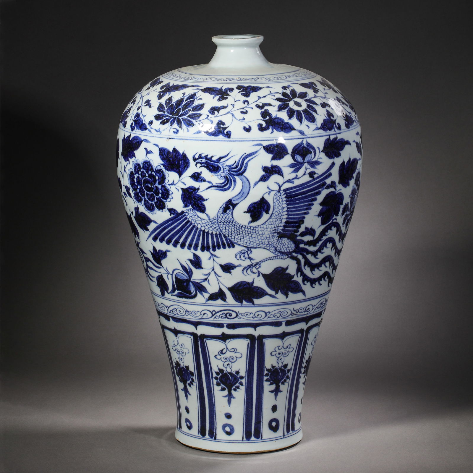 Chinese Yuan Dynasty blue and white plum vase: H. 43.3 cm.