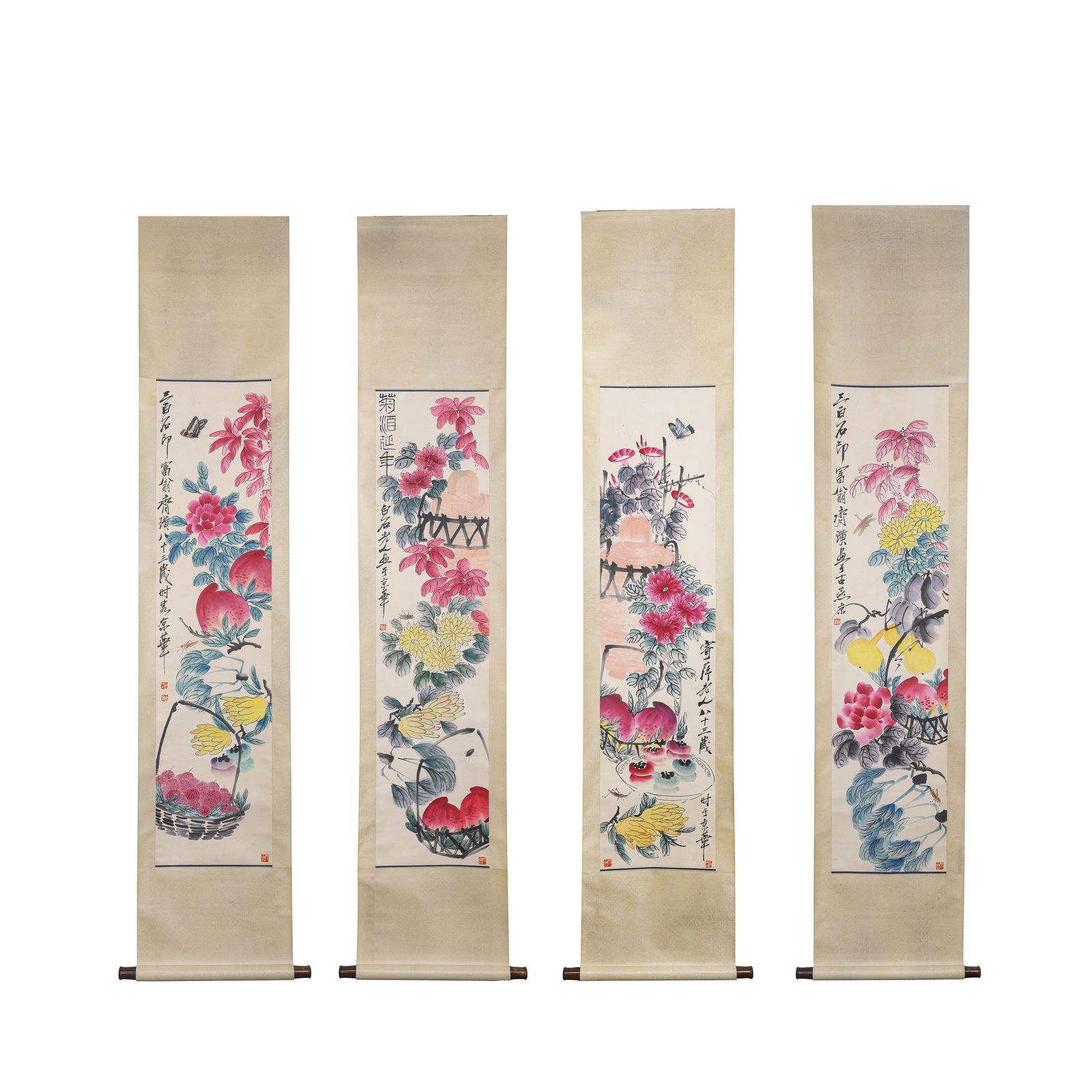 Four-panel ink painting by Qi Baishi: L. 137.5 cm. W. 33 cm.