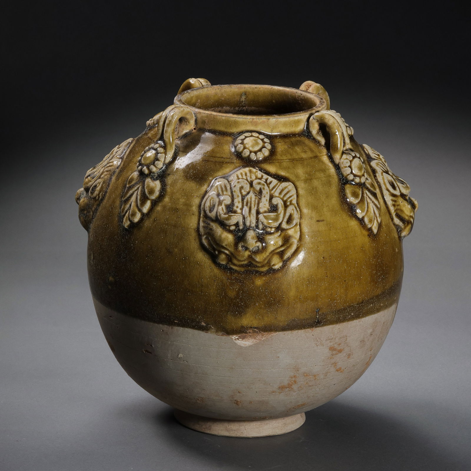 Chinese Sui Dynasty Xiangzhou Kiln Celadon Four-Handled Jar with Appliqué Decoration (1 of 9)