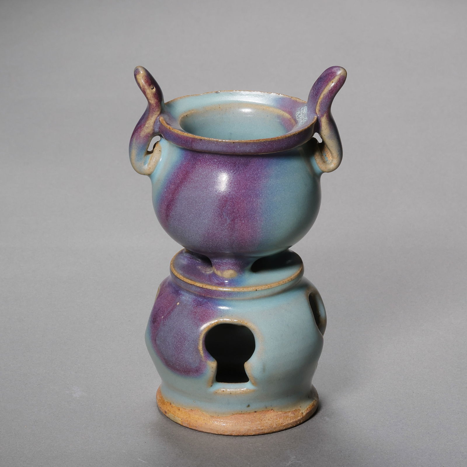 A Northern Song Dynasty Jun ware sky-blue glazed double-eared incense burner with red glaze. (1 of 8)