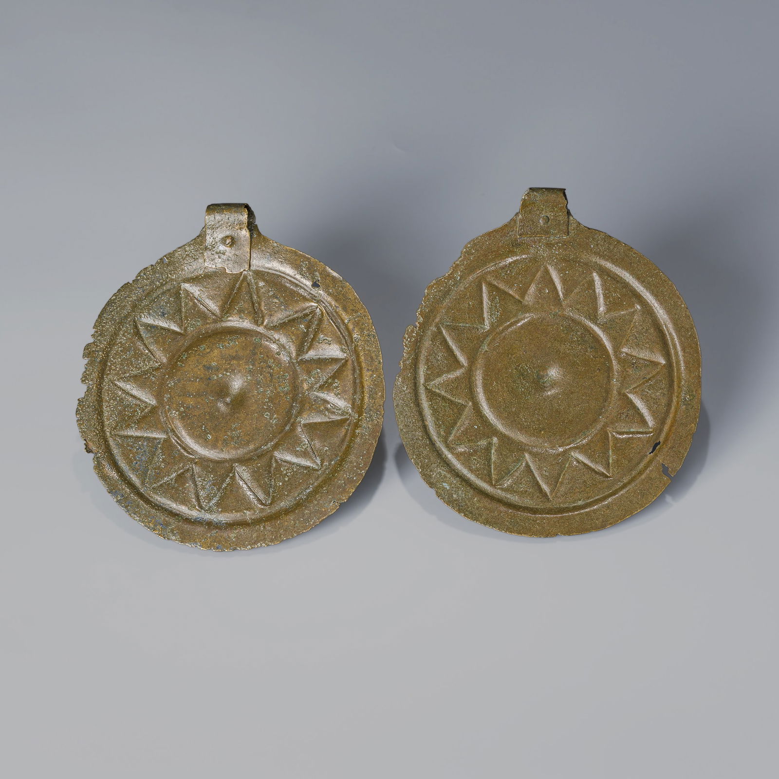 Pair of Ancient Bactrian Bronze Sunburst Design Disc Pendants [2pcs, 156gram]: L. 15 cm. W. 13 cm. Weight. 156 gram.