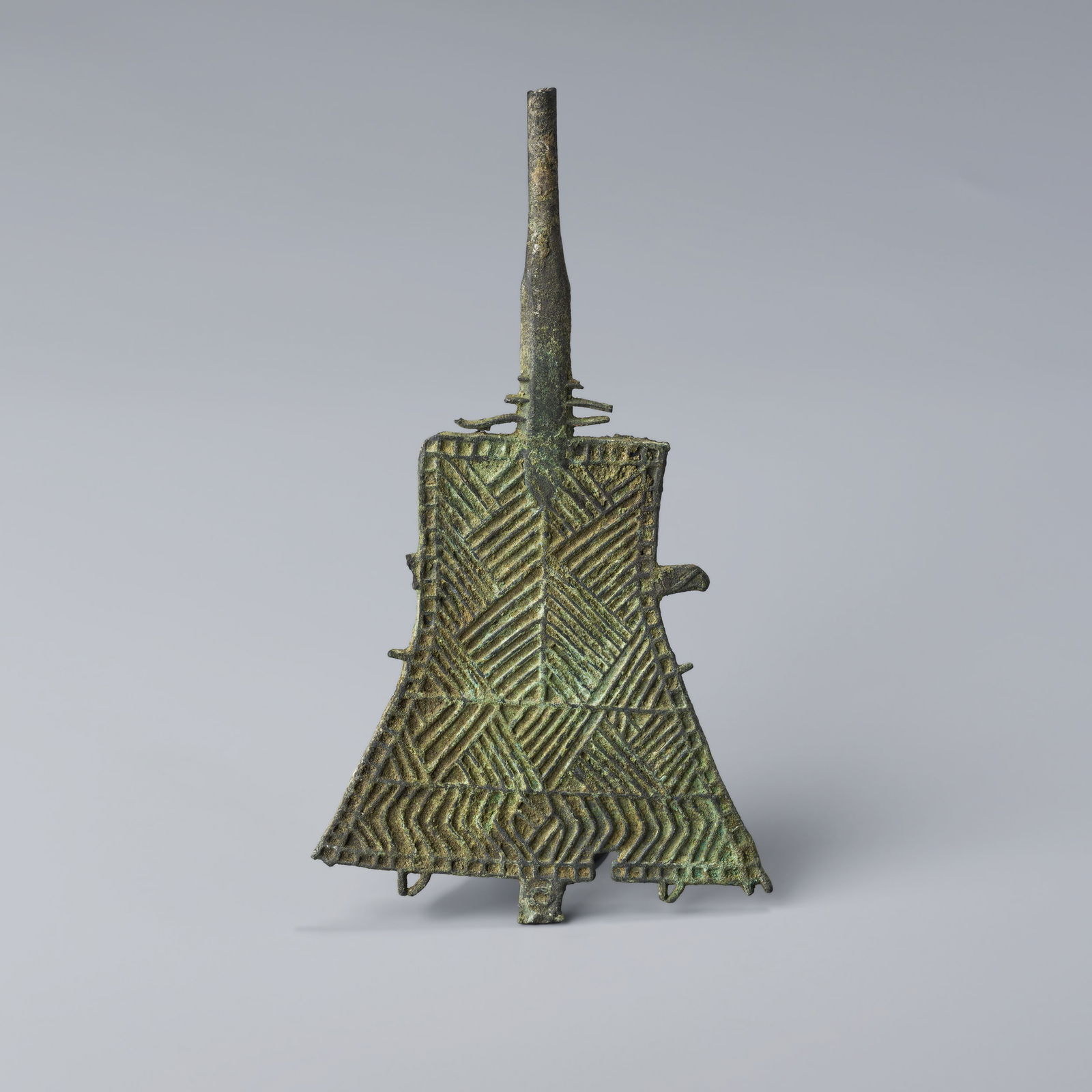 Ancient Nomadic Bronze Ritual Mirror with Geometric Pattern: L. 14 cm. W. 7.8 cm. Weight. 47 gram.