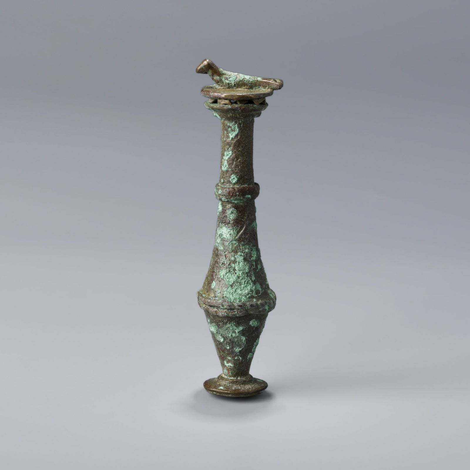 Ancient Bactrian Bronze Object with Perched Bird Figure: H. 11.5 cm. W. 2.9 cm. Weight. 78 gram.