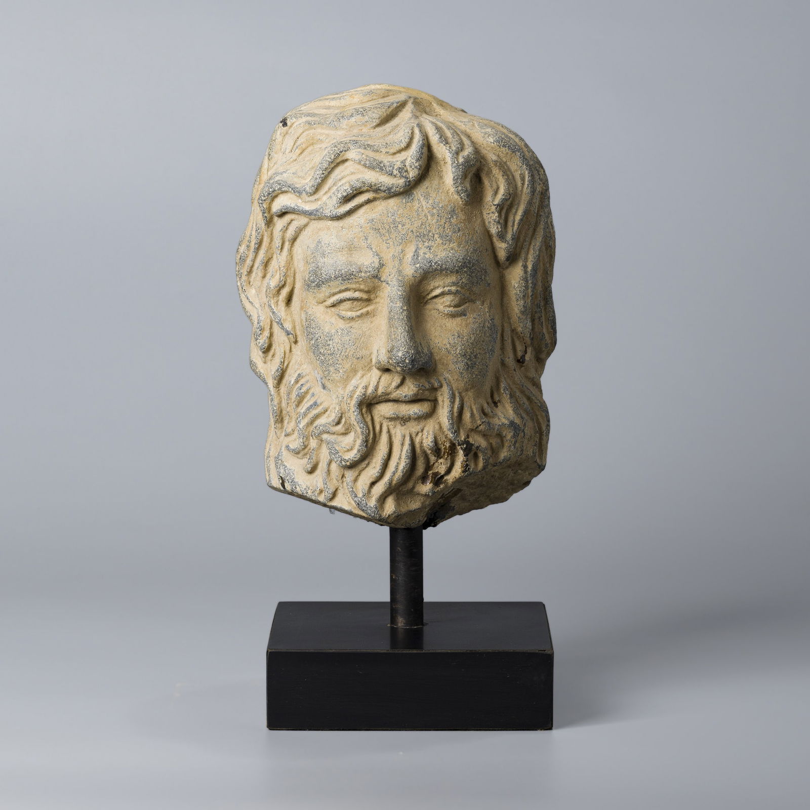 Gandhara Indo-Greek Schist Stone Bearded Statue Head: H. 22 cm. W. 14 cm. Weight. 7400 gram.
