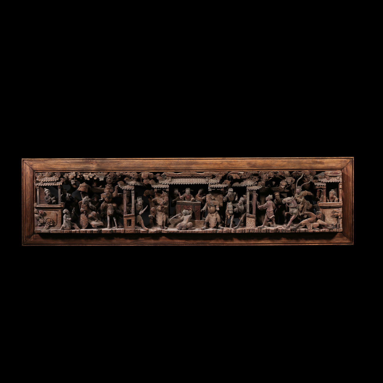 Chinese Qing Dynasty Camphor Wood Carved Opera Story Hanging Screen: L. 135.5 cm. W. 36 cm.