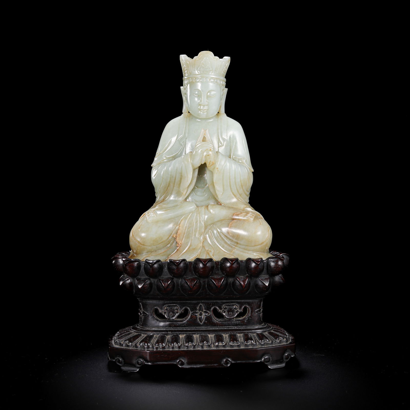 Chinese Qing Dynasty Hetian white jade seated Buddha statue: H. 19 cm. W. 14 cm. Weight. 2178 gram.