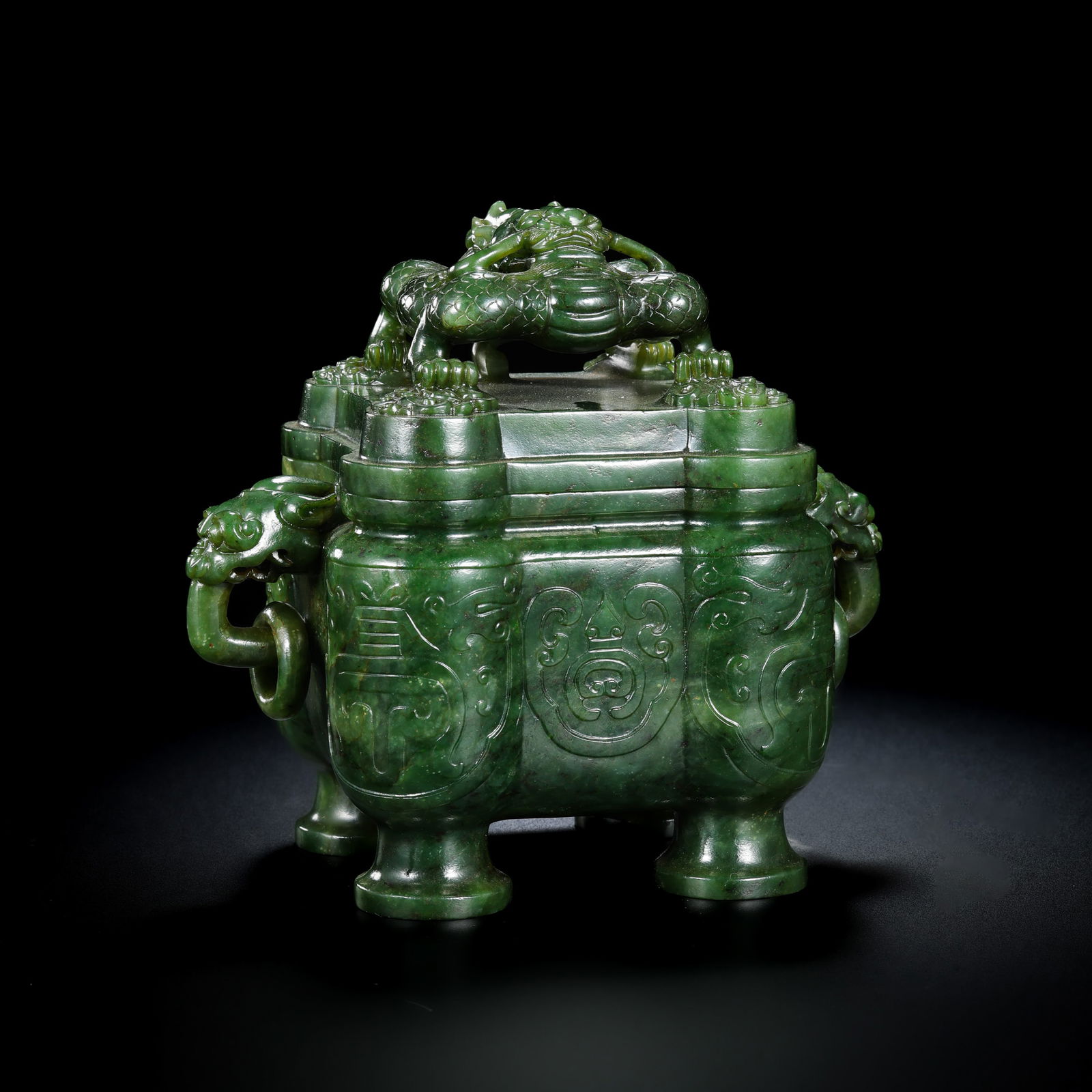 Chinese Qing Dynasty Hetian Jade Square Covered Incense Burner with Double Ring Handles: H. 14 cm. W. 14.5 cm. Weight. 1047.5 gram.