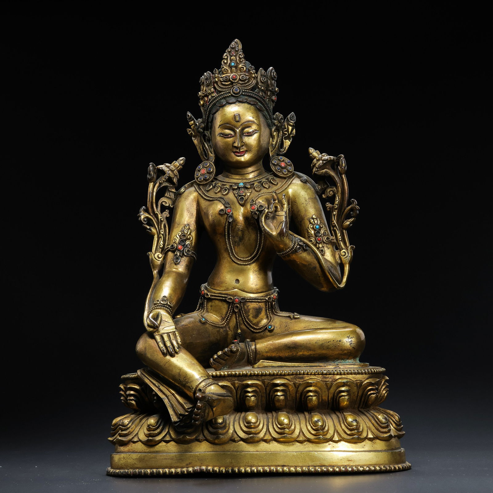 Chinese Ming Dynasty Gilt Bronze Seated Buddha Statue Inlaid with Gemstones (1 of 12)