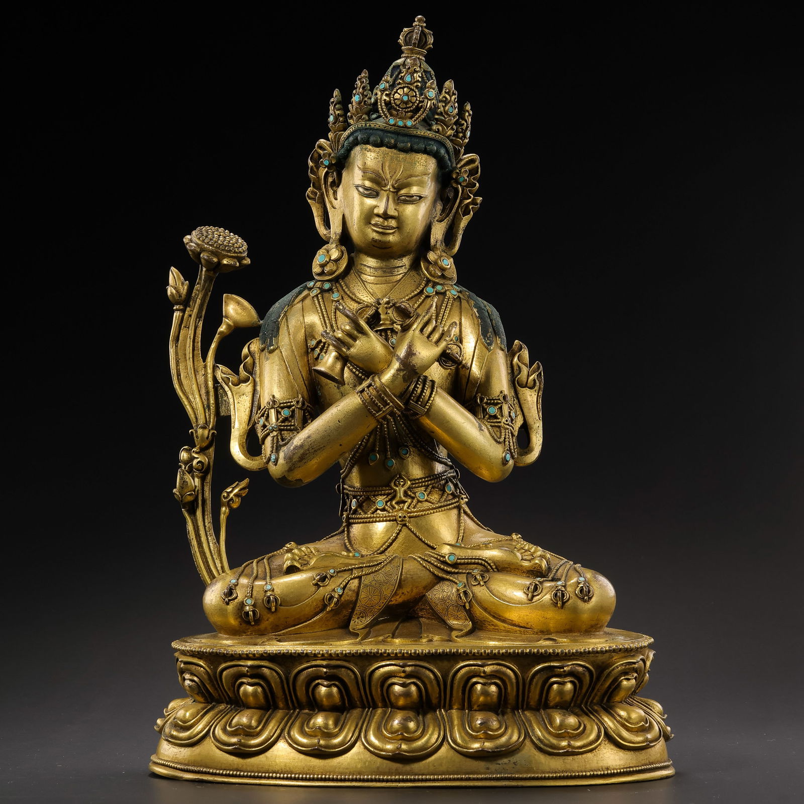 Chinese Ming Dynasty Gilt Bronze Seated Buddha Statue Inlaid with Turquoise: H. 36.5 cm. W. 25 cm. Weight. 6531 gram.