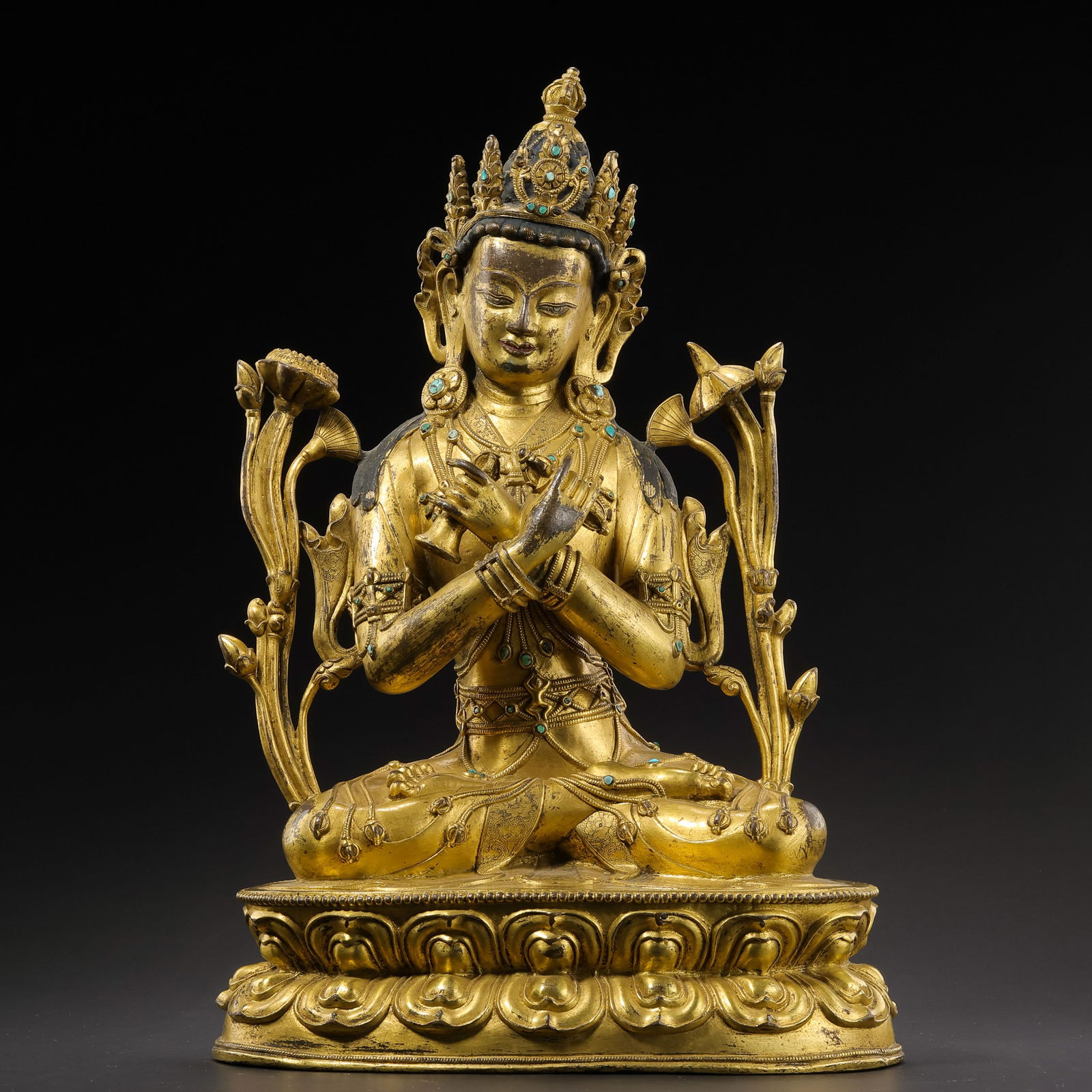 Chinese Ming Dynasty Gilt Bronze Seated Buddha Statue Inlaid with Turquoise: H. 36 cm. W. 24.5 cm. Weight. 6484 gram.