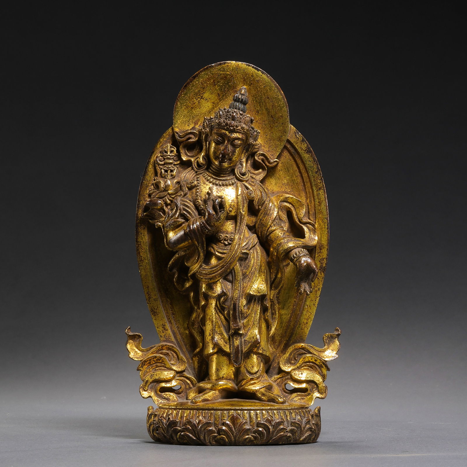 Gilt Bronze Buddhist Statue from the Qianlong Period of the Qing Dynasty, China: H. 15 cm. W. 8 cm. Weight. 954 gram.
