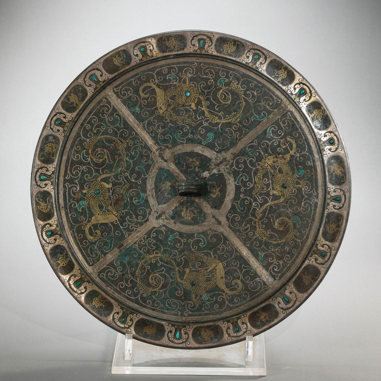 Chinese Warring States Period Inlaid Gold and Silver Bronze Mirror: Diam. 46.5 cm. Weight. 7450 gram.
