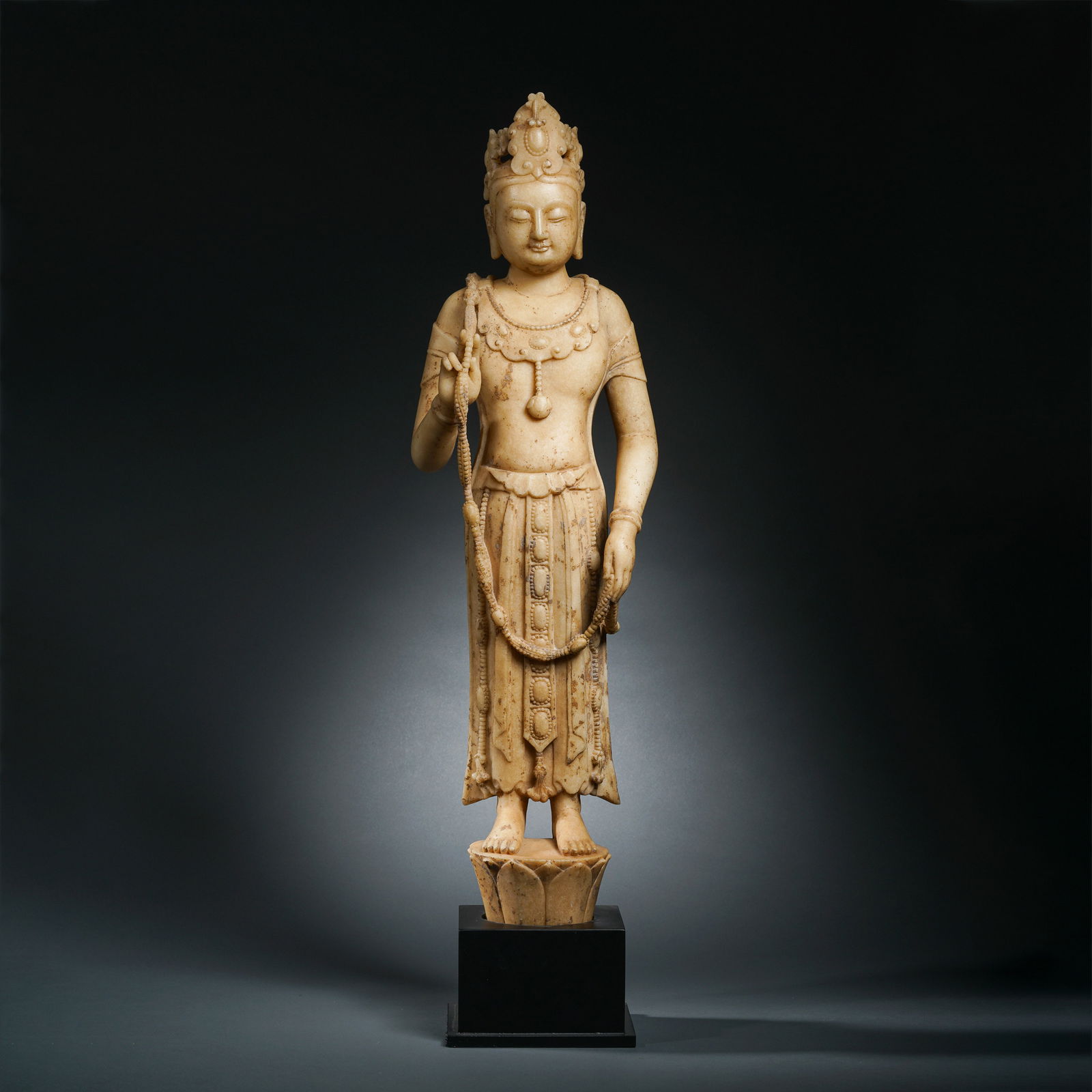Standing White Marble Buddha Statue from the Tang Dynasty in China: H. 65 cm. W. 18 cm.