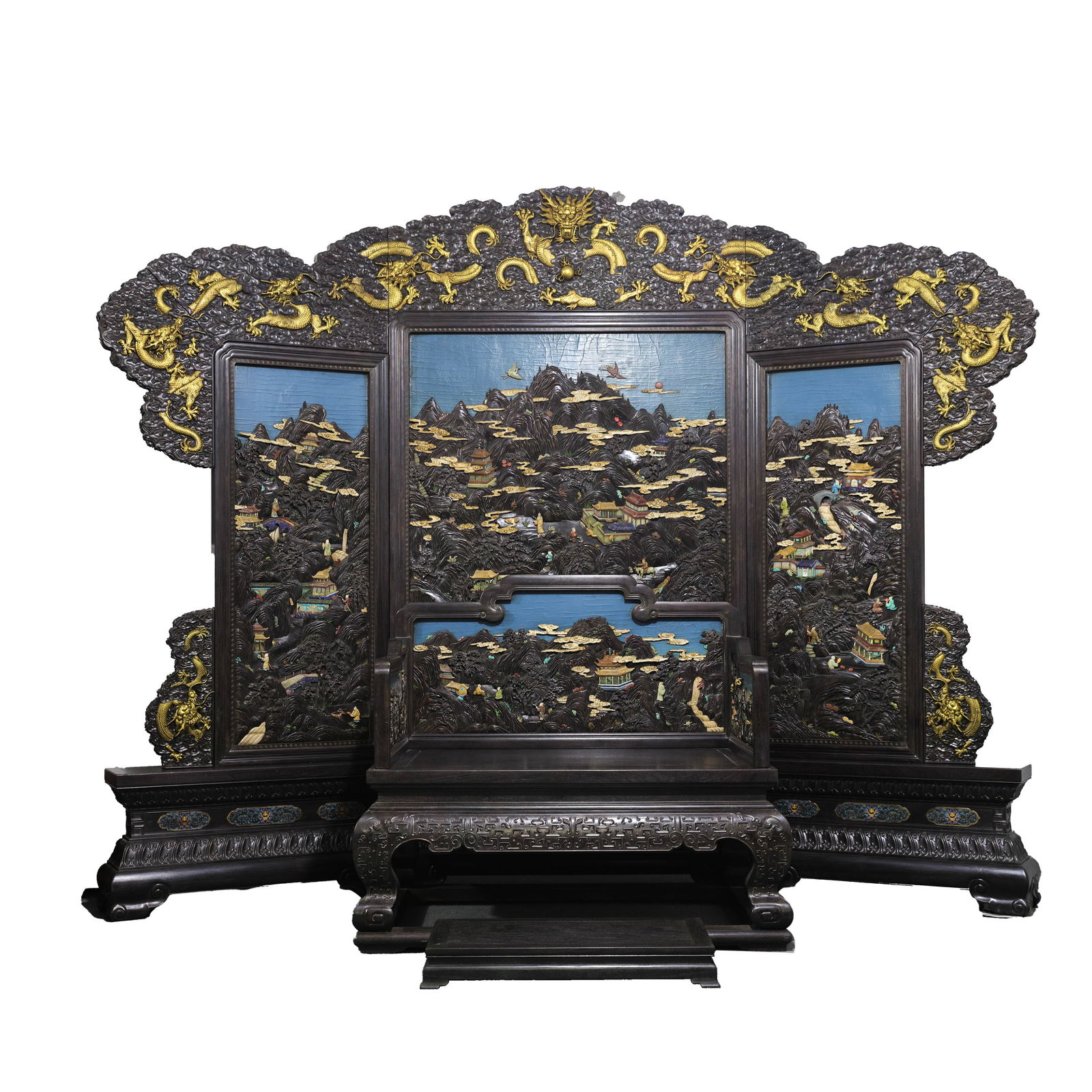 A set of Chinese Qing Dynasty Qianlong period rosewood inlaid treasure screen throne: H. 240 cm. L. 294 cm.