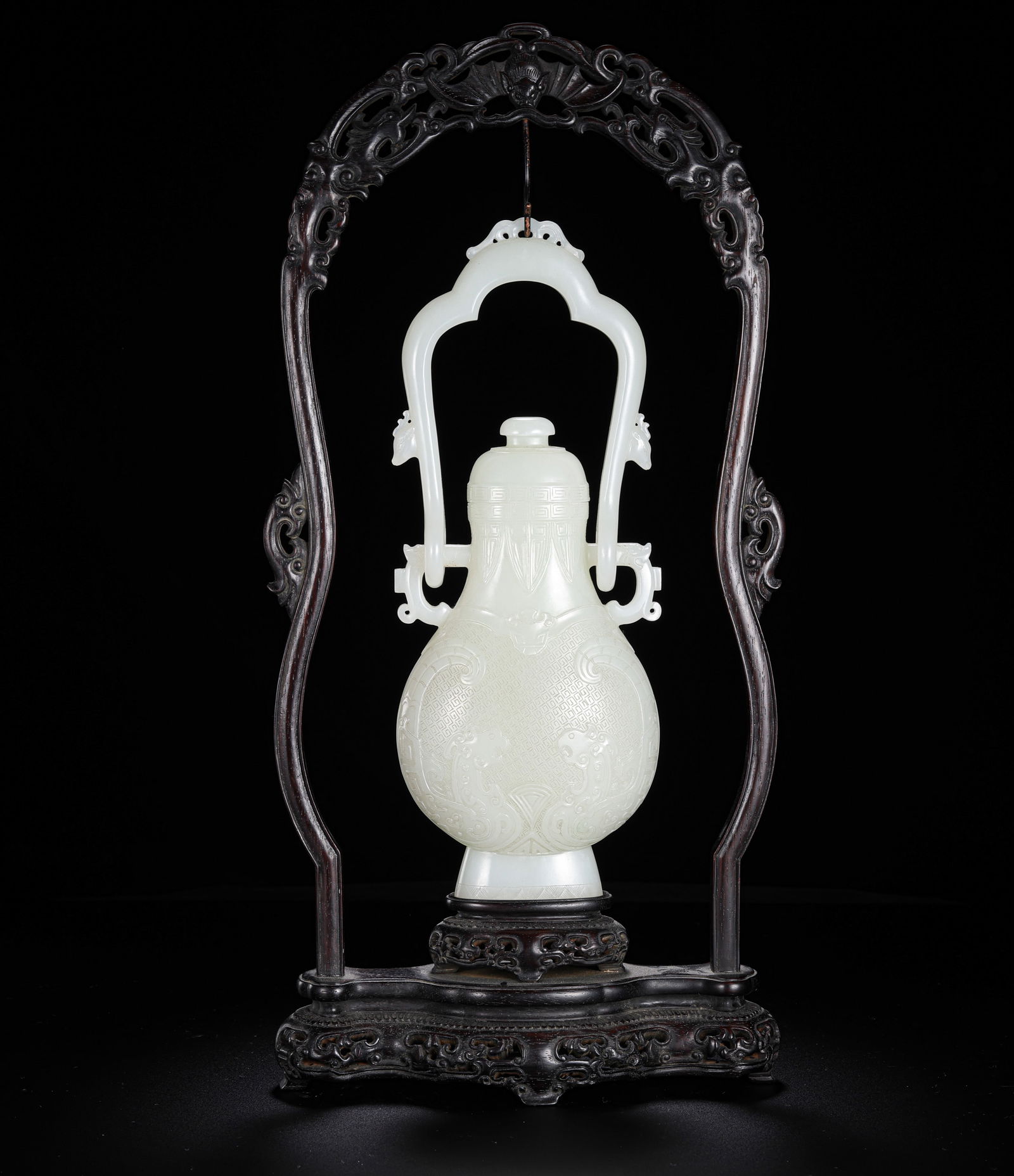 Chinese Qing Dynasty Hetian white jade double phoenix pattern covered bottle: H. 24.5 cm. W. 9.5 cm. Weight. 992.5 gram.