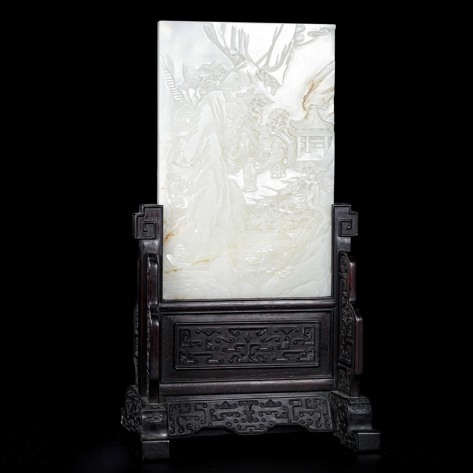 Chinese Qing Dynasty Rosewood Inlaid with Hetian White Jade Screen: H. 38 cm. W. 16 cm. Weight. 2516.5 gram.