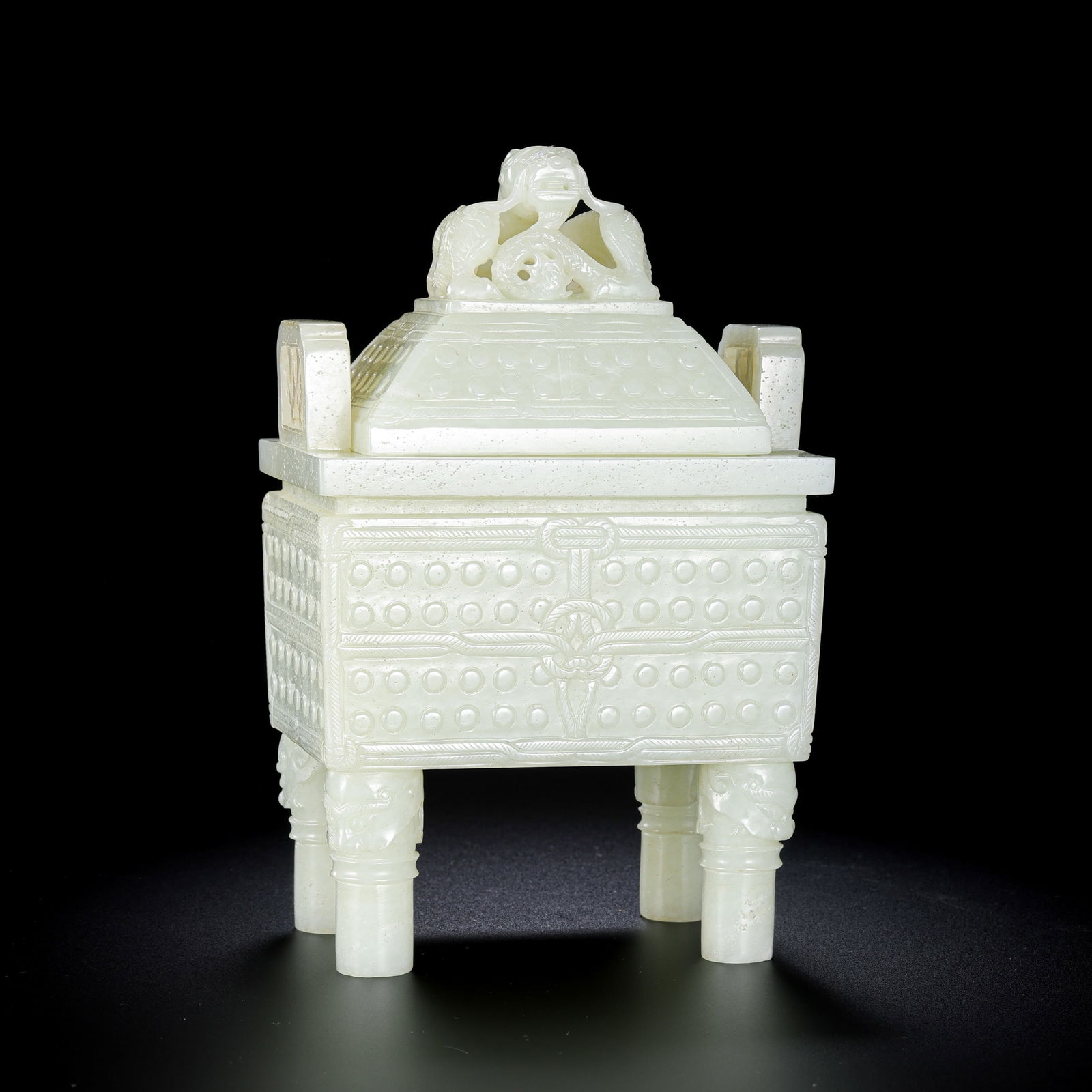 Chinese Qing Dynasty Hetian white jade square covered incense burner: H. 18 cm. W. 11.5 cm. Weight. 1114 gram.