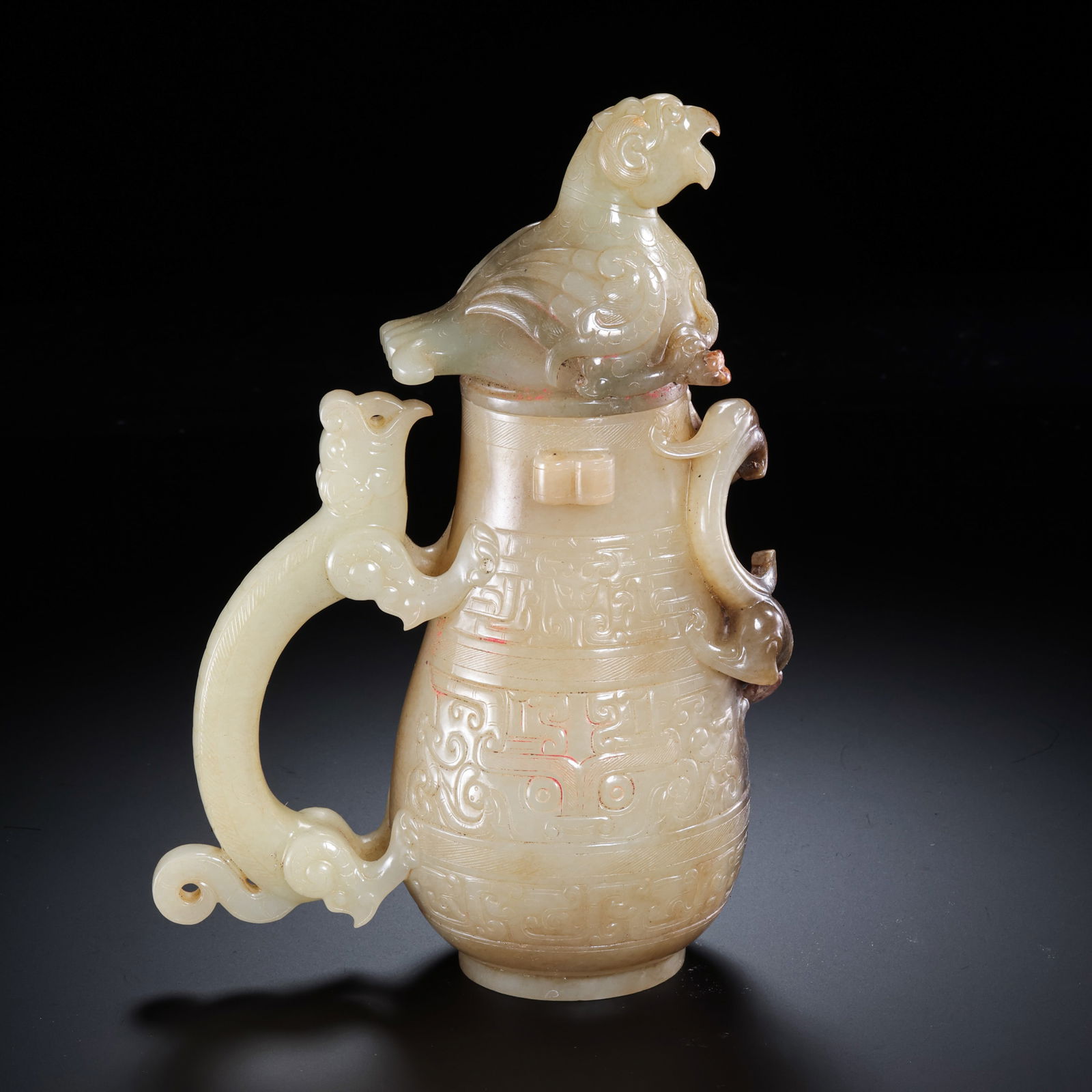 Chinese Han Dynasty Jade Covered Bottle with Dragon and Phoenix Design: H. 20 cm. W. 15 cm. Weight. 748 gram.