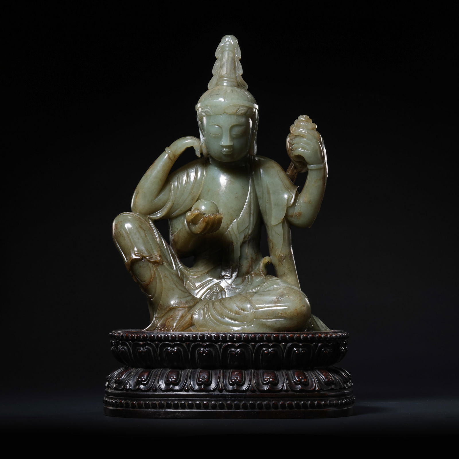 Chinese Qing Dynasty Hetian Jade Seated Buddha Statue: H. 34 cm. W. 26.5 cm. W. 19 cm. Weight. 3447 gram.