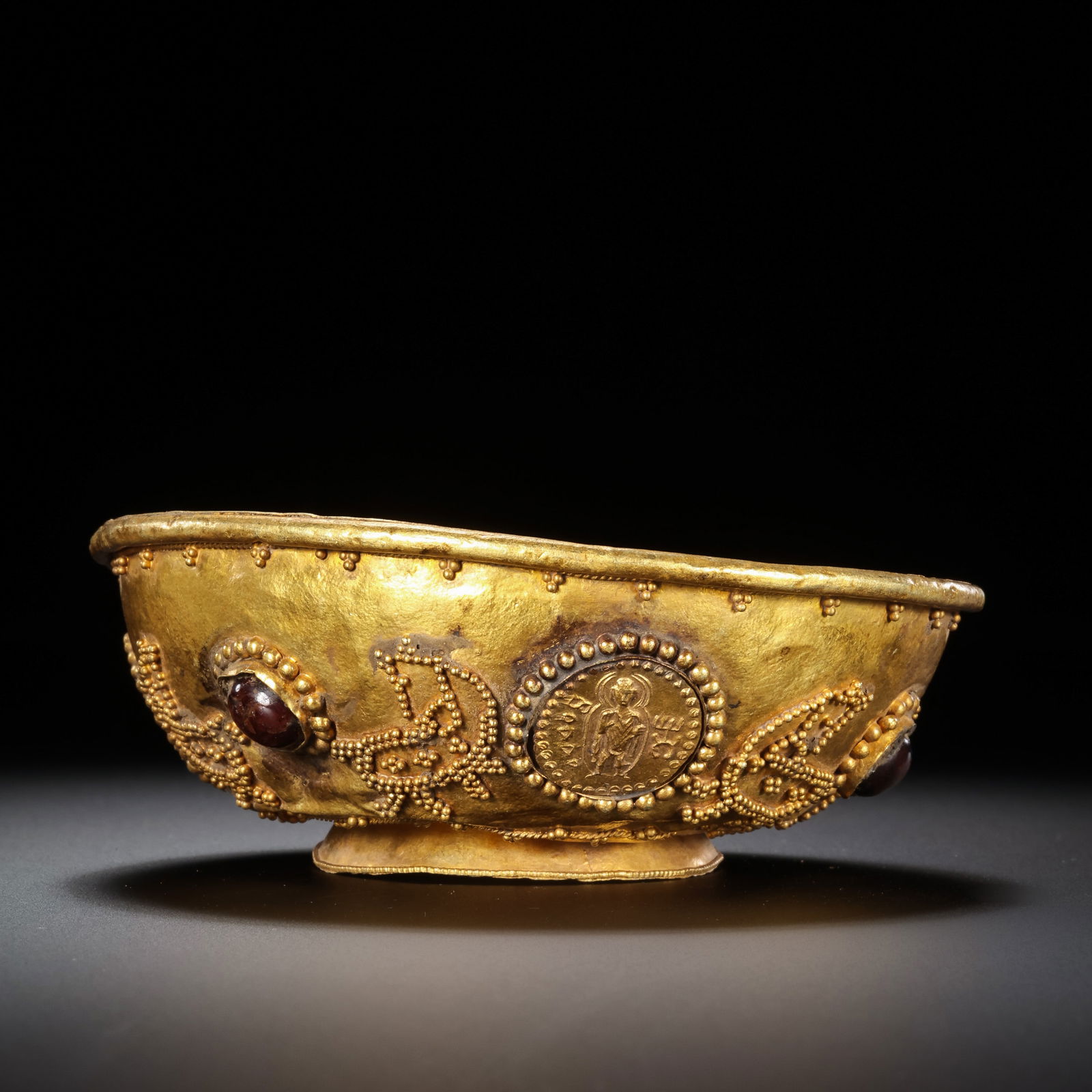 Ancient Persian Culture Pure Gold Inlaid Gemstone Bowl: H. 3 cm. W. 8.3 cm. Weight. 55 gram.