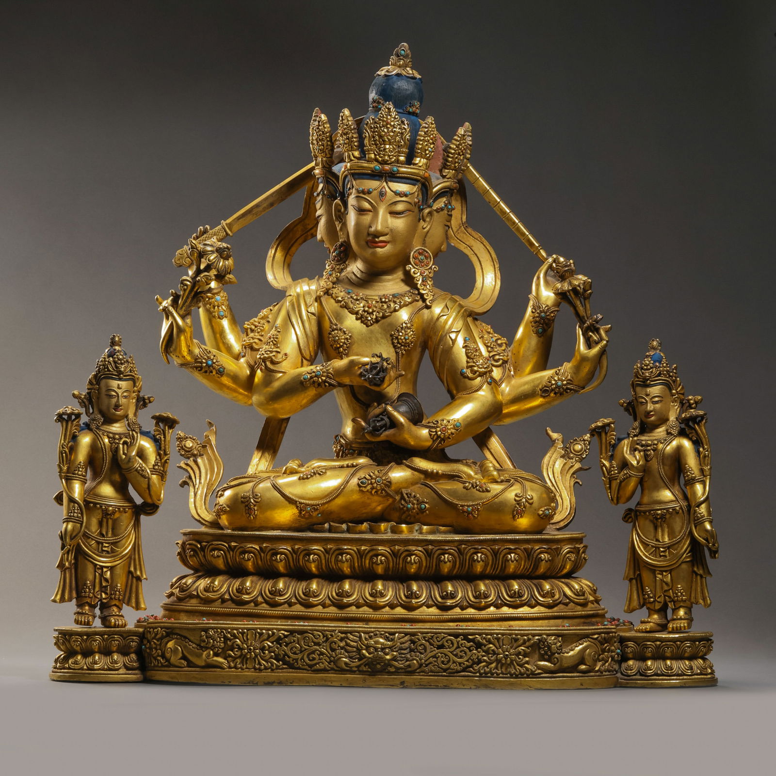 Chinese Ming Dynasty Gilt Bronze Seated Buddha Statue Inlaid with Gemstones: H. 44 cm. W. 45 cm. Weight. 16266 gram.