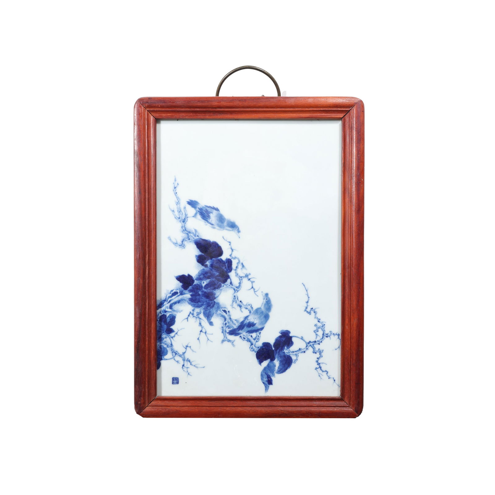 China20Blue and white porcelain plaque with bird and flower design by Wang Bu, a master of fine arts: L. 41 cm. W. 29 cm.