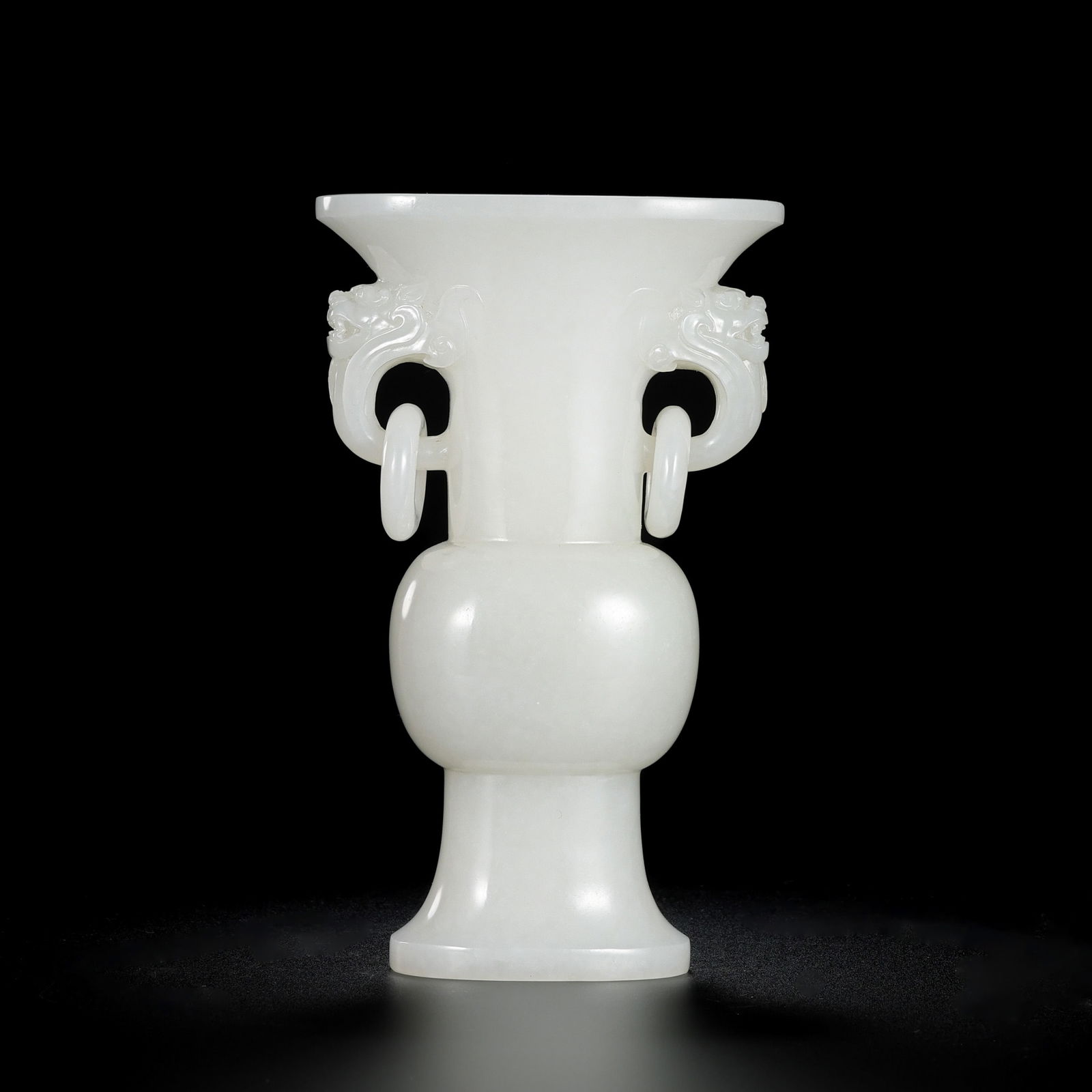 Chinese Qing Dynasty Hetian white jade vase with ring handles: H. 15 cm. W. 9.5 cm. Weight. 382.1 gram.