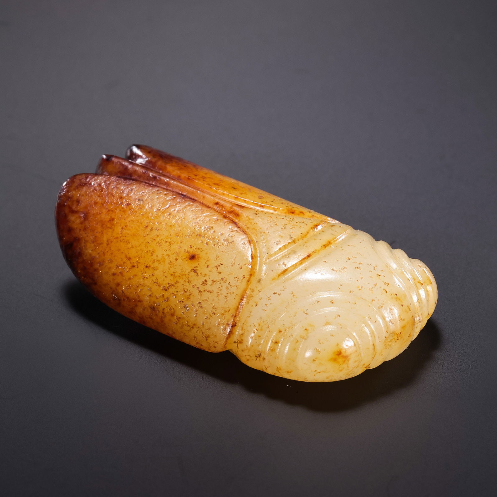 Jade Cicada from the Han Dynasty in China: H. 4.8 cm. W. 2.7 cm. Weight. 35 gram.