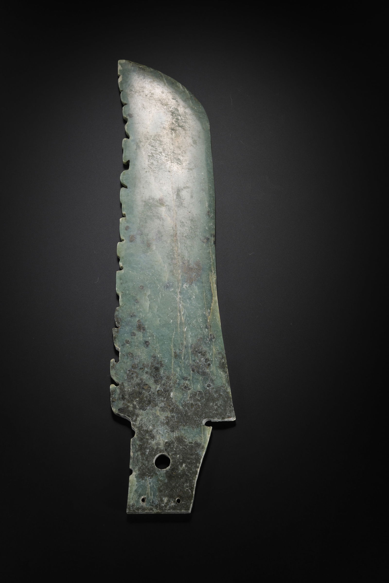Chinese Neolithic Jade Knife: H. 29 cm. W. 7 cm. Weight. 104 gram.