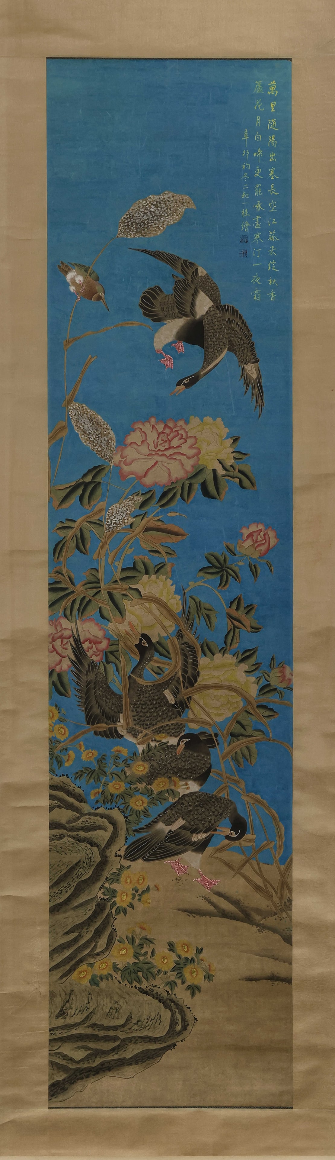 Flowers and Birds by Zou Yigui: L. 177 cm. W. 41 cm.