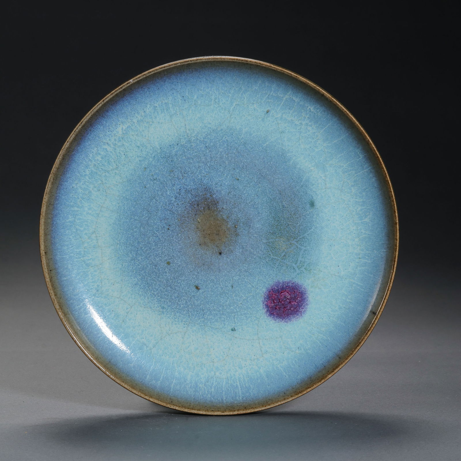 Northern Song Dynasty Jun ware sky-blue glazed red plate: H. 2.7 cm. Diam. 15.8 cm.
