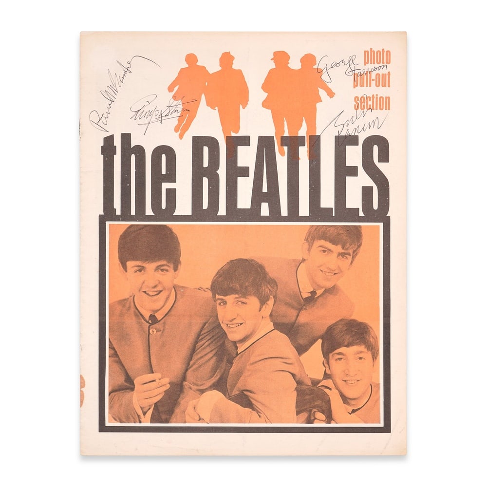 THE BEATLES FULLY SIGNED PHOTO PULLOUT SECTION MAGAZINE: 11 x 8 3/8 in (27.9 x 21.3 cm) This fully signed Photo Pullout Section Magazine presents a rare and electrifying convergence of all four members of The Beatles, captured during the height of